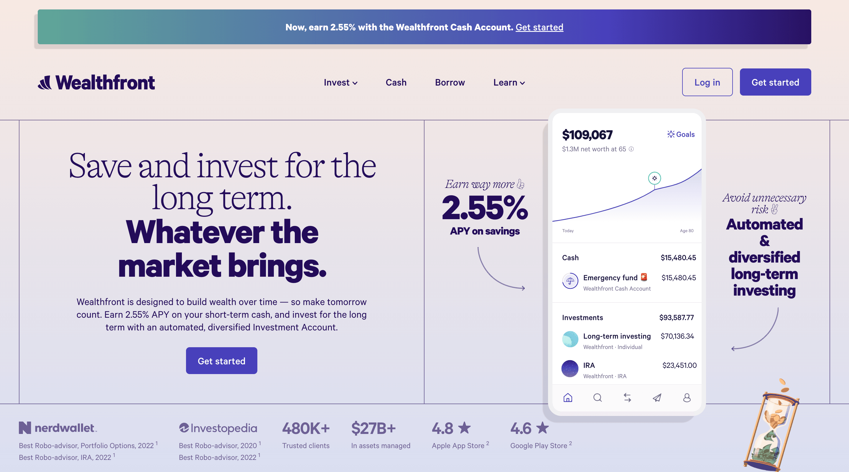 Screenshot of the Wealthfront home page. The header contains the Wealthfront logo, main site navigation, and 'Log in' and 'Get started' buttons. The hero section has a screenshot of the Wealthfront mobile app on the right side, and some introduction text on the left. Below the text is a 'Get started' call-to-action. Along the bottom of the screen are statistics such as number of clients and App Store rating.