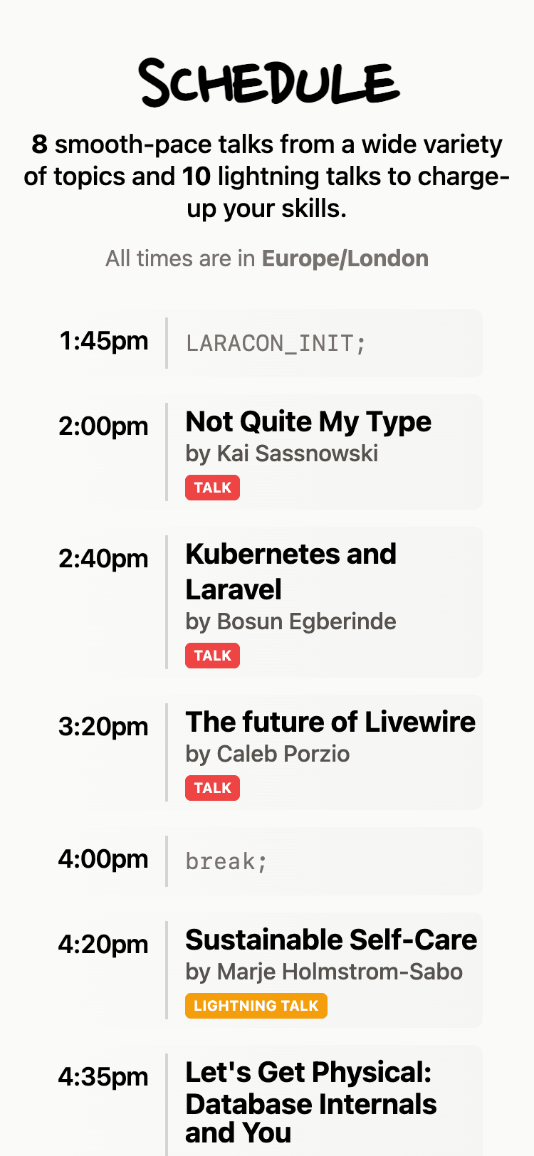 Mobile screenshot of the 'Schedule' section of the Laracon Online website. The conference schedule is listed with start times on the left and titles and speakers on the right.